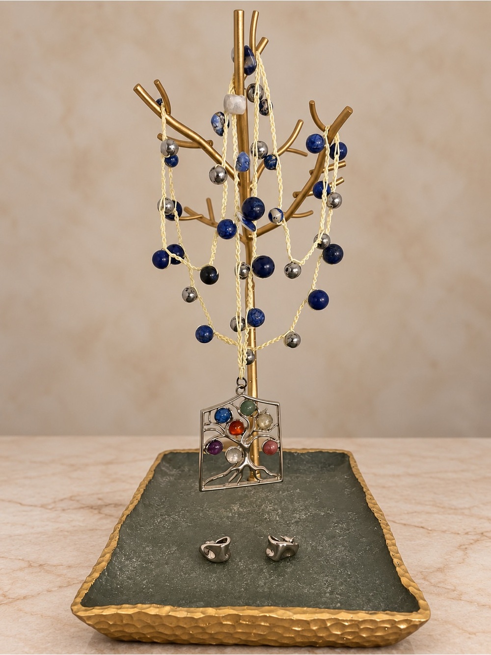 Chile Artisan Boho Blue Colorful Natural Stone Macramé Tree of Life Necklace 45”